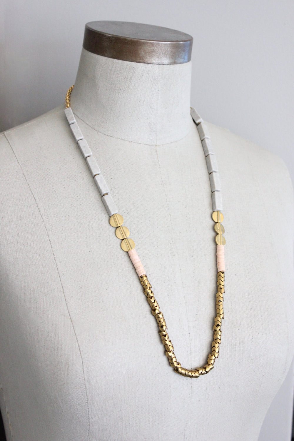 Marble, Thai Brass and Pink Vulcanite Necklace