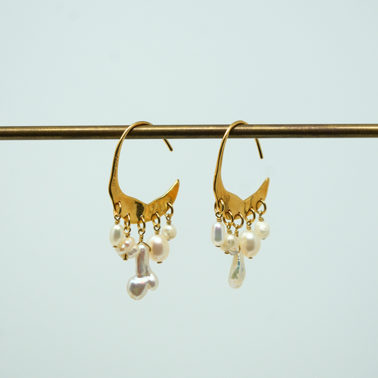 Crescent Gold Hoops with Pearl