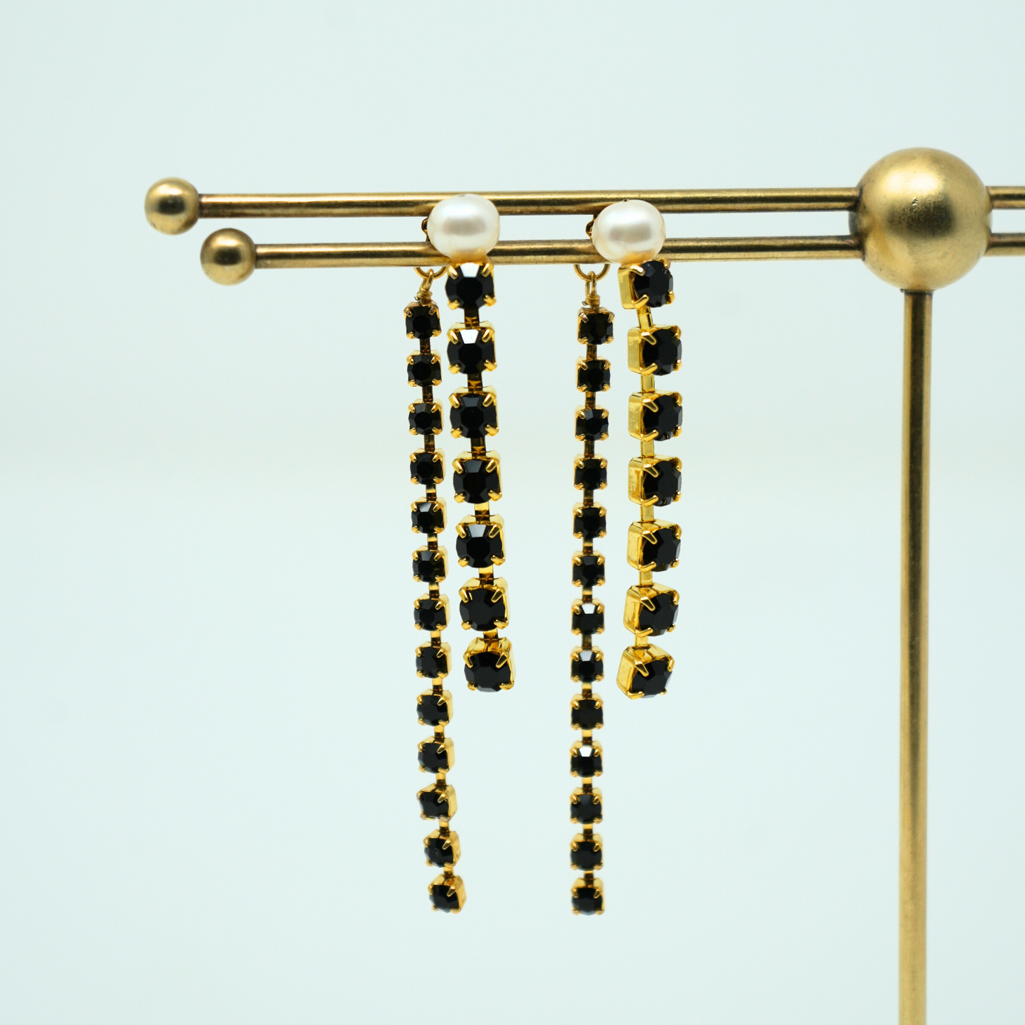 Gold Onyx and Pearl Dangle Earrings