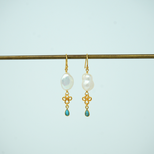 Gold Pearl and Tourmaline Drop Earrings