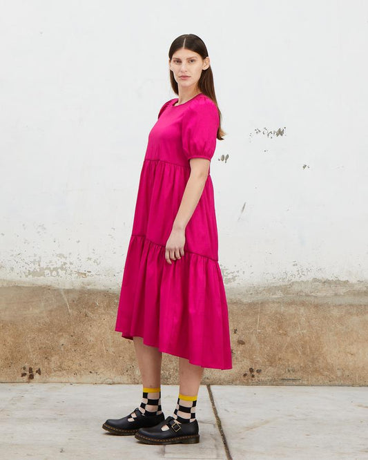 Stretch Ruffle Dress in Electric Pink