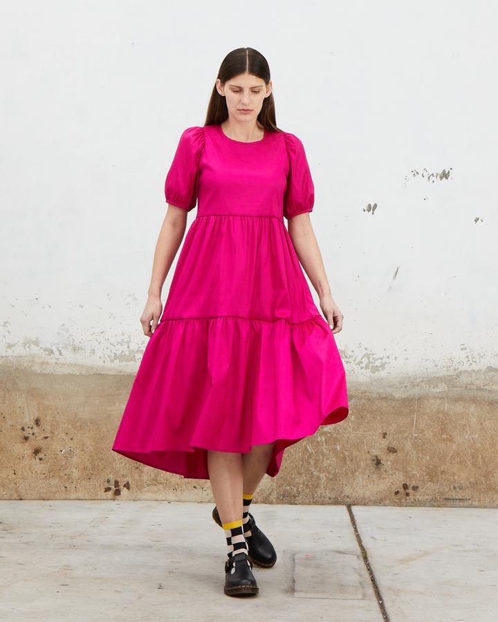 Stretch Ruffle Dress in Electric Pink
