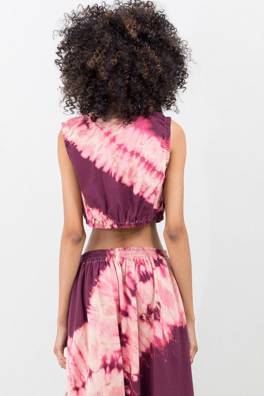 Ruched Crop Tank Top in Bordeaux Pink Tie Dye