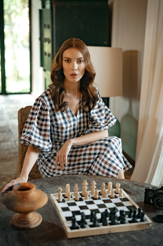 Meghan Dress in Brown Linen Gingham