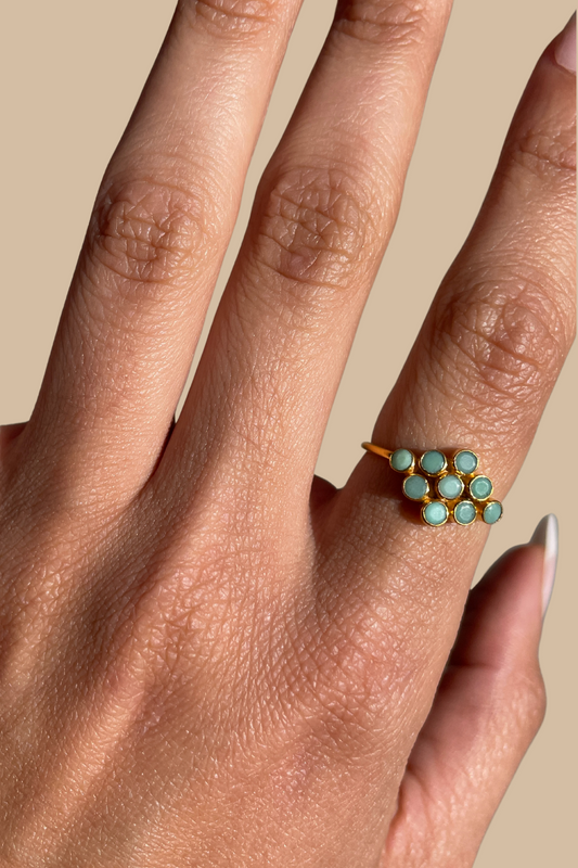 Nine Faceted Stone Ring in Chyrsophase