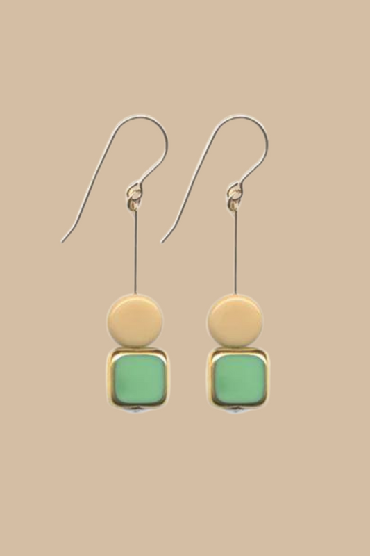 Green Square and Cream Circle Earrings