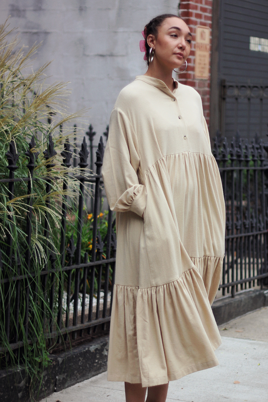Tent Dress in Light Weight Cotton Flannel- Natural