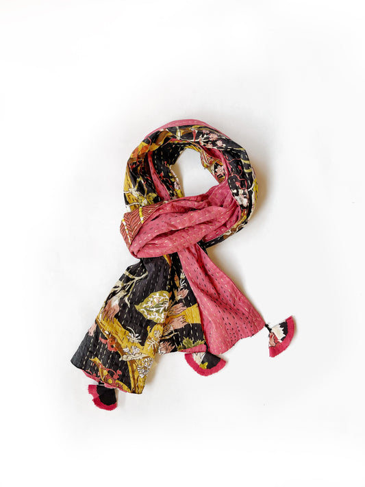 Kantha Reversible Scarf, Black Floral