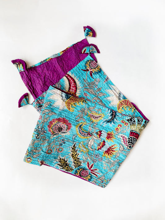 Kantha Reversible Scarf, Turquoise Floral
