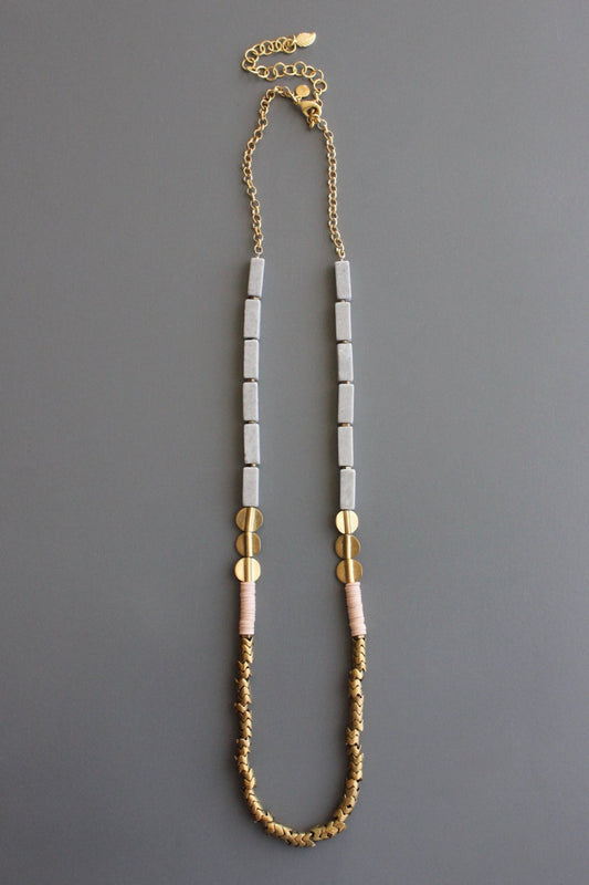 Marble, Thai Brass and Pink Vulcanite Necklace