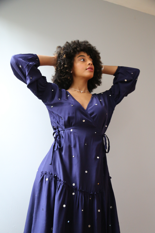Veena Wrap Dress in Blue Depths with Tikli