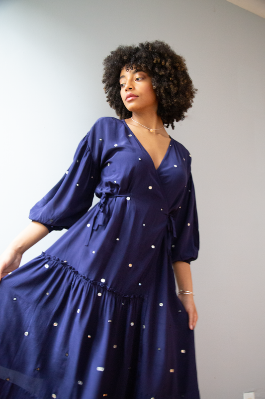 Veena Wrap Dress in Blue Depths with Tikli